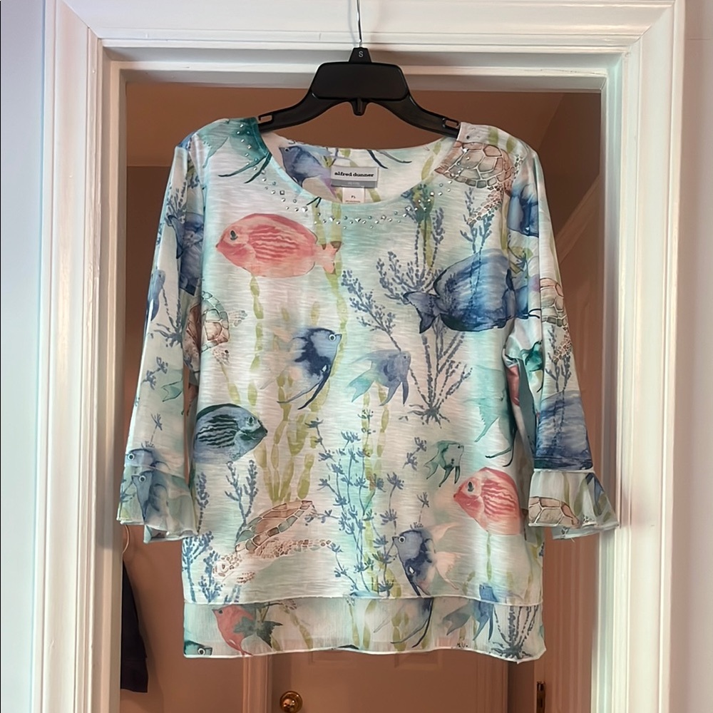 Alfred Dunner Pink and Blue Boxy 3/4 Sleeve Blouse